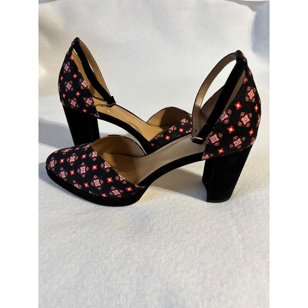 Talbots Womens Geometric Floral Ankle Strap Block Heel Pumps Black Pink 11M